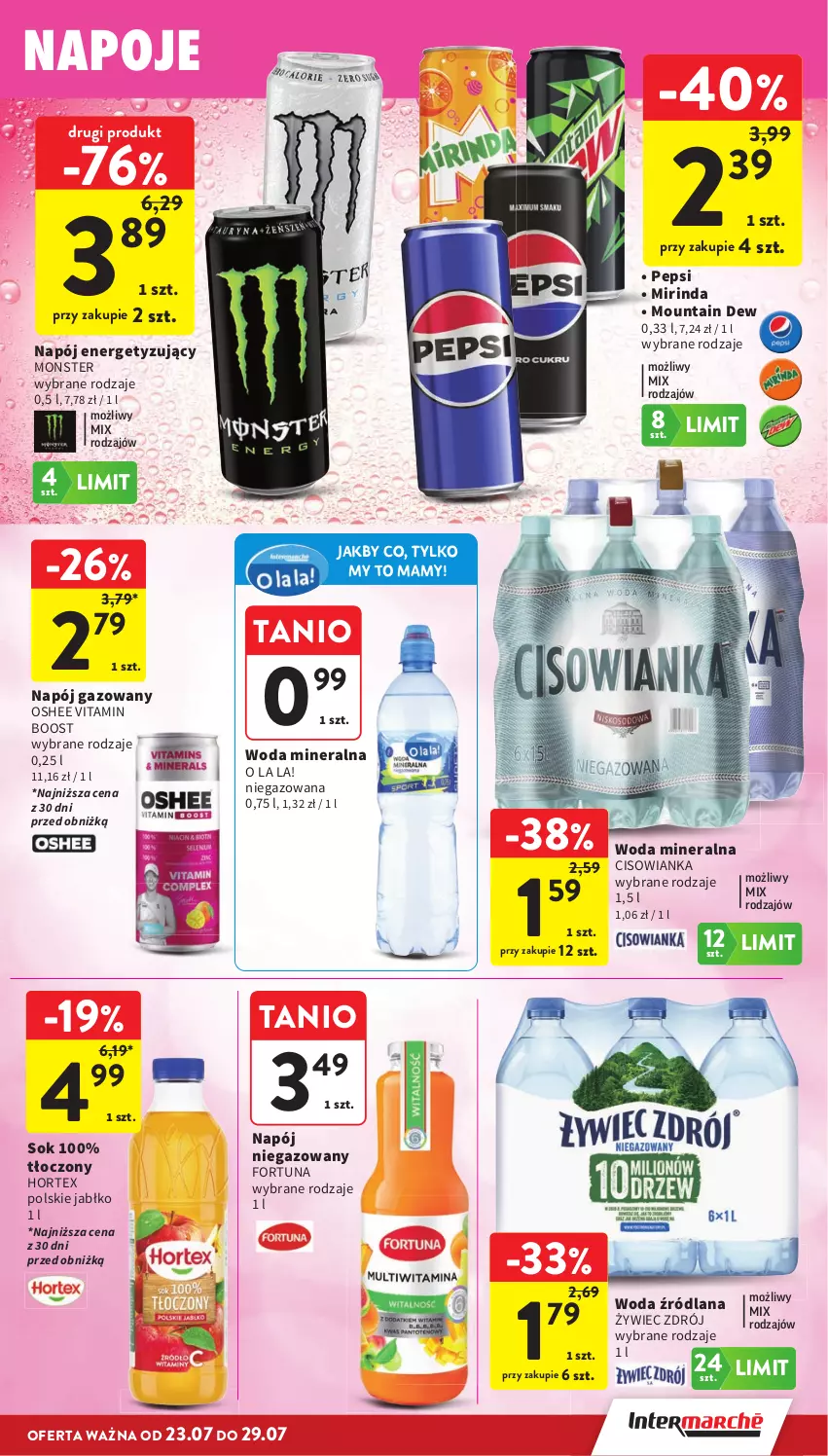 Gazetka promocyjna Intermarche - Gazetka Intermarche - ważna 23.07 do 29.07.2026 - strona 29 - produkty: Cisowianka, Fortuna, Hortex, LANA, Mirinda, Napój, Napój gazowany, Napój niegazowany, Oshee, Pepsi, Sok, Woda, Woda mineralna