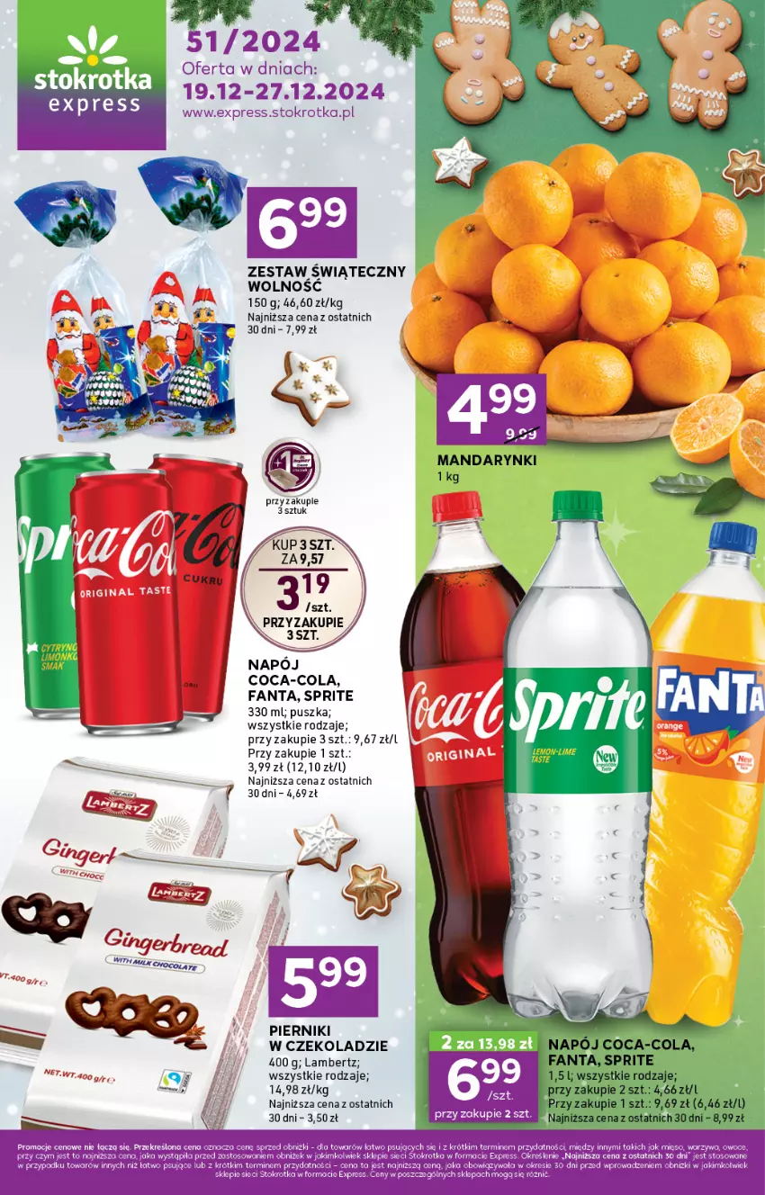 Gazetka promocyjna Stokrotka - Stokrotka Express - ważna 19.12 do 27.12.2024 - strona 1 - produkty: Coca-Cola, Fa, Fanta, Gin, Mięso, Piernik, Sprite, Warzywa