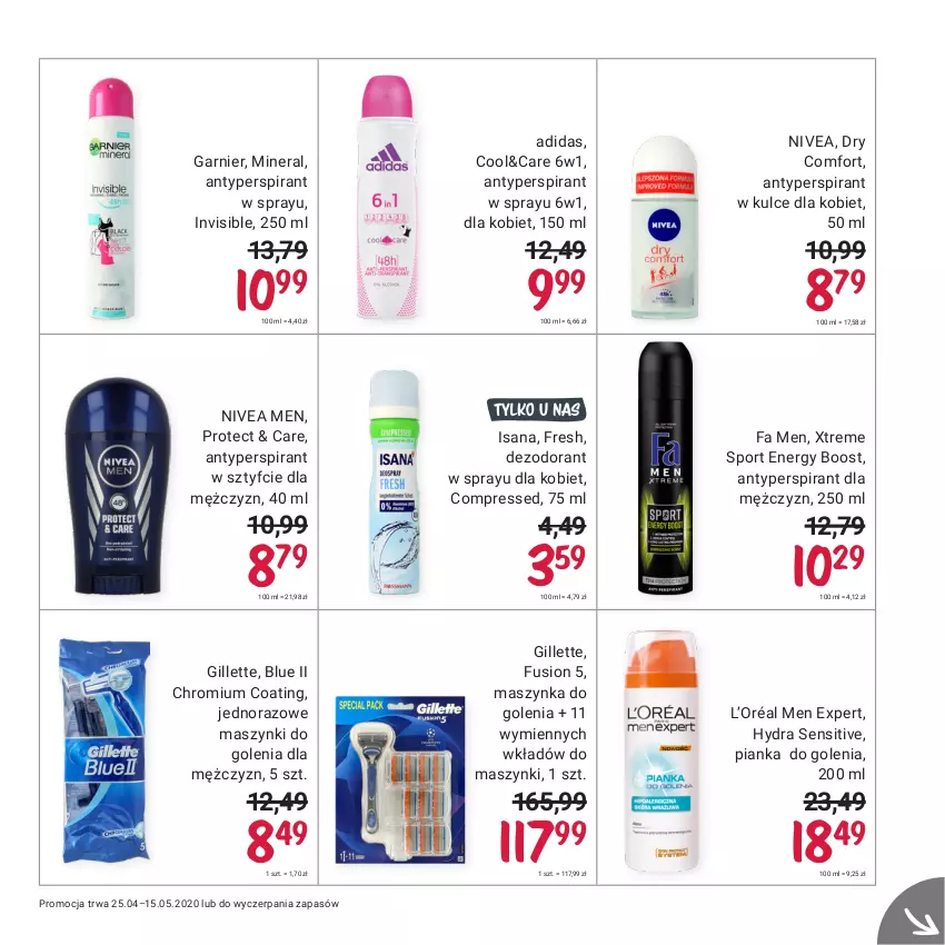 Gazetka promocyjna Rossmann - Maj I - ważna 25.04 do 15.05.2021 - strona 5 - produkty: Adidas, Antyperspirant, Dezodorant, Fa, Fusion, Garnier, Gillette, Isana, L’Oréal, Maszynka, Maszynka do golenia, Nivea, Nivea Men, Pianka do golenia, Por, Sport, Szynka