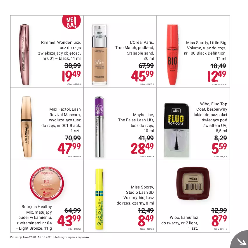 Gazetka promocyjna Rossmann - Maj I - ważna 25.04 do 15.05.2021 - strona 9 - produkty: Bell, Bourjois, Fa, L’Oréal, Lack, Lakier, Lakier do paznokci, Max Factor, Maybelline, Miss Sporty, Podkład, Por, Puder, Sport, Top, Tusz, Wibo