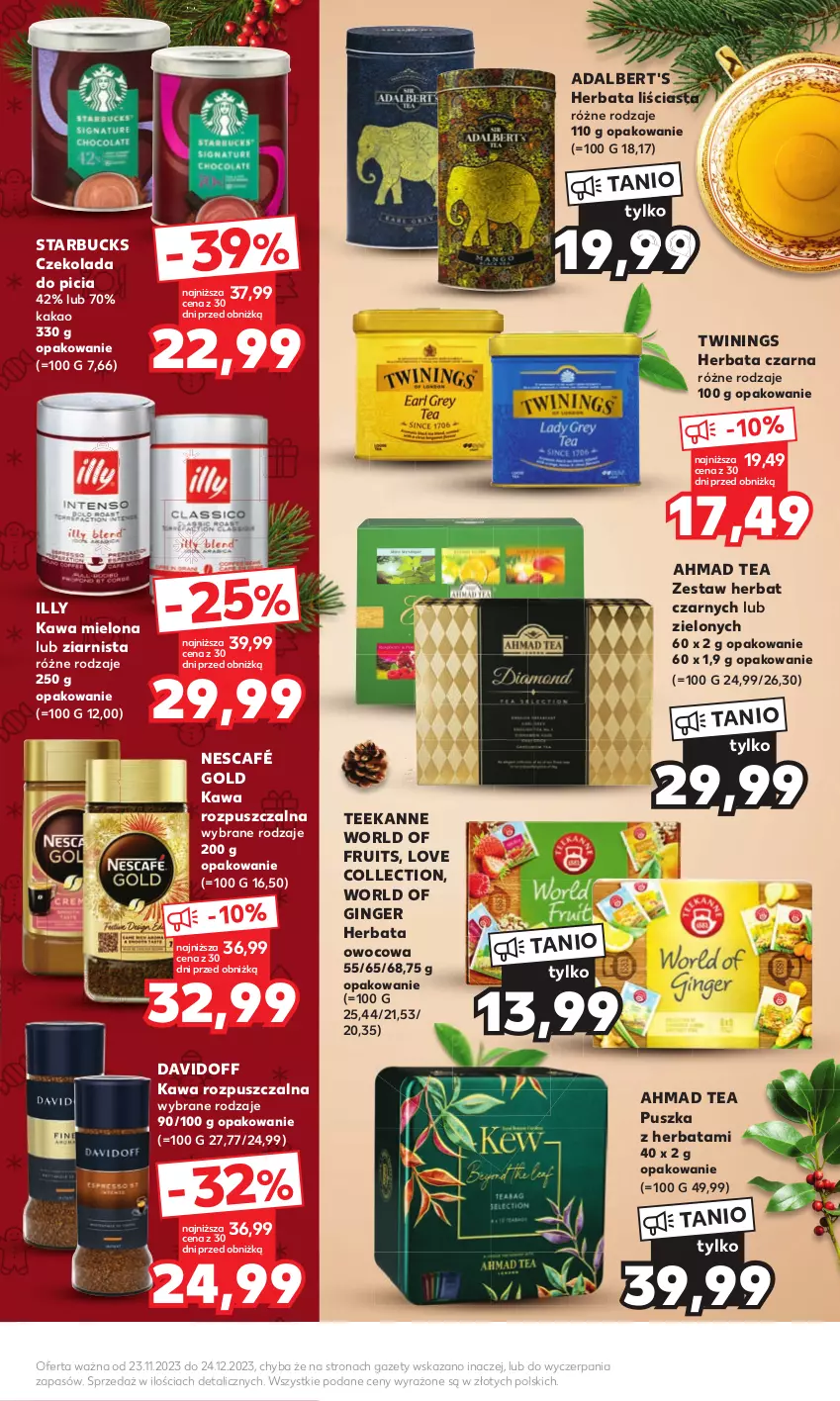 Gazetka promocyjna Kaufland - Kaufland - ważna 23.11 do 24.12.2023 - strona 15 - produkty: Czekolada, Davidoff, Gin, Herbata, Herbata czarna, Herbata owocowa, Kakao, Kawa, Kawa mielona, Kawa rozpuszczalna, Nescafé, Teekanne