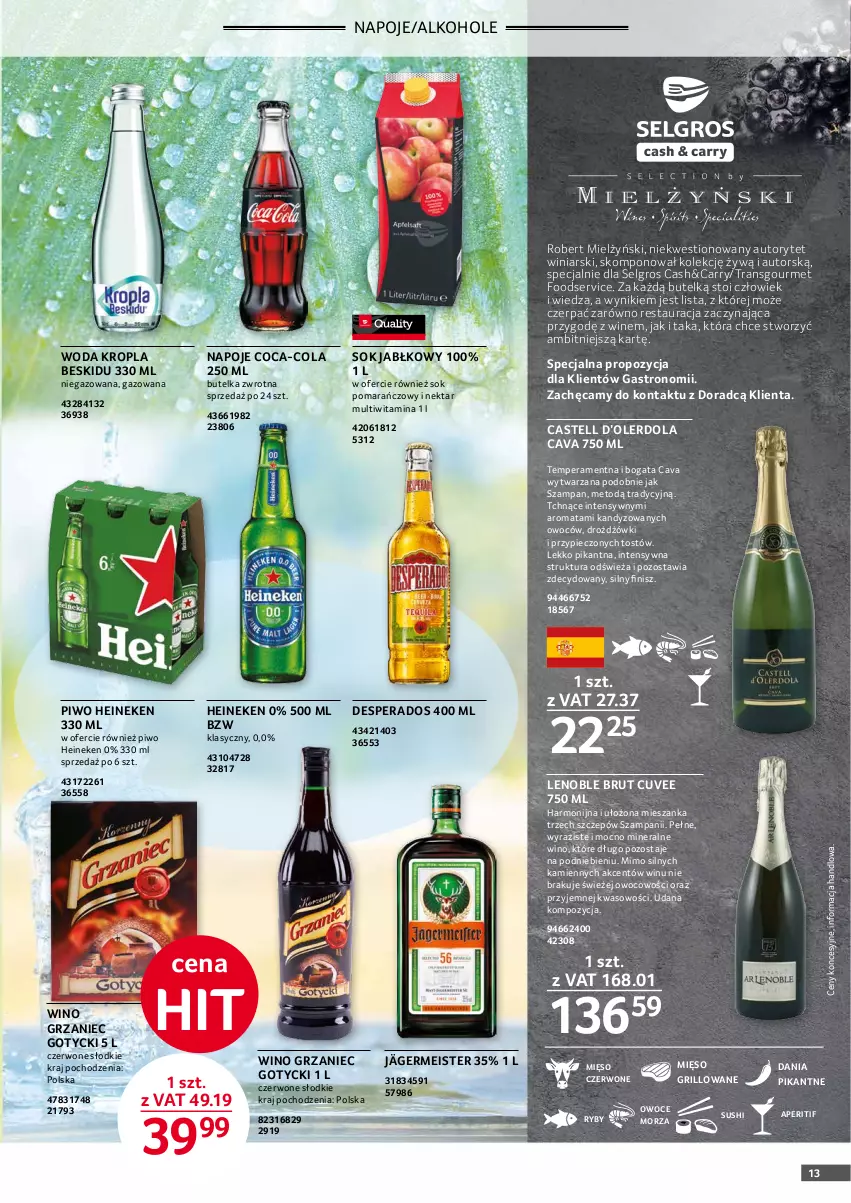 Gazetka promocyjna Selgros - Oferta gastronomiczna - ważna 01.11 do 30.11.2021 - strona 13 - produkty: Alkohole, Coca-Cola, Desperados, Grill, Heineken, LG, Mięso, Napoje, Nektar, Owoce, Owoce morza, Piec, Piwo, Ser, Sok, Sok jabłkowy, Sok pomarańczowy, Sushi, Tran, Wino, Woda