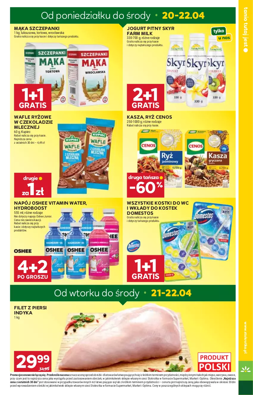 Gazetka promocyjna Stokrotka - Supermarket - ważna 16.04 do 22.04.2026 - strona 11 - produkty: Cenos, Domestos, Fa, Farm Milk, Filet z piersi indyka, Gra, Jogurt, Jogurt pitny, Kasza, Kupiec, Mąka, Mięso, Napój, Optima, Oshee, Owoce, Piec, Ryż, Stek, Wafle, Warzywa
