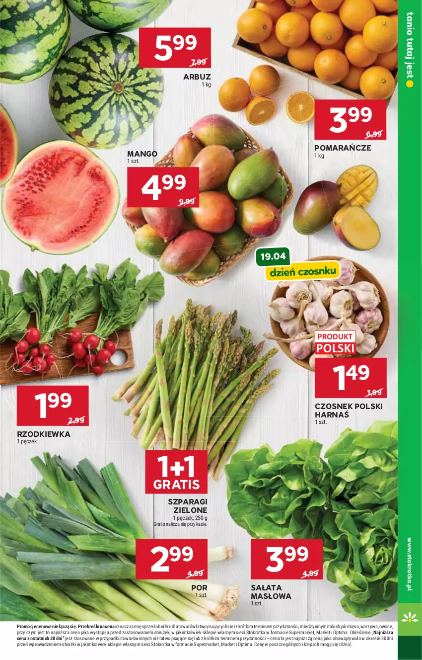 Gazetka promocyjna Stokrotka - Supermarket - ważna 16.04 do 22.04.2026 - strona 13 - produkty: Arbuz, Czosnek, Gra, Harnaś, Mango, Masło, Mięso, Optima, Owoce, Pomarańcze, Por, Rzodkiewka, Sałat, Sałata masłowa, Warzywa