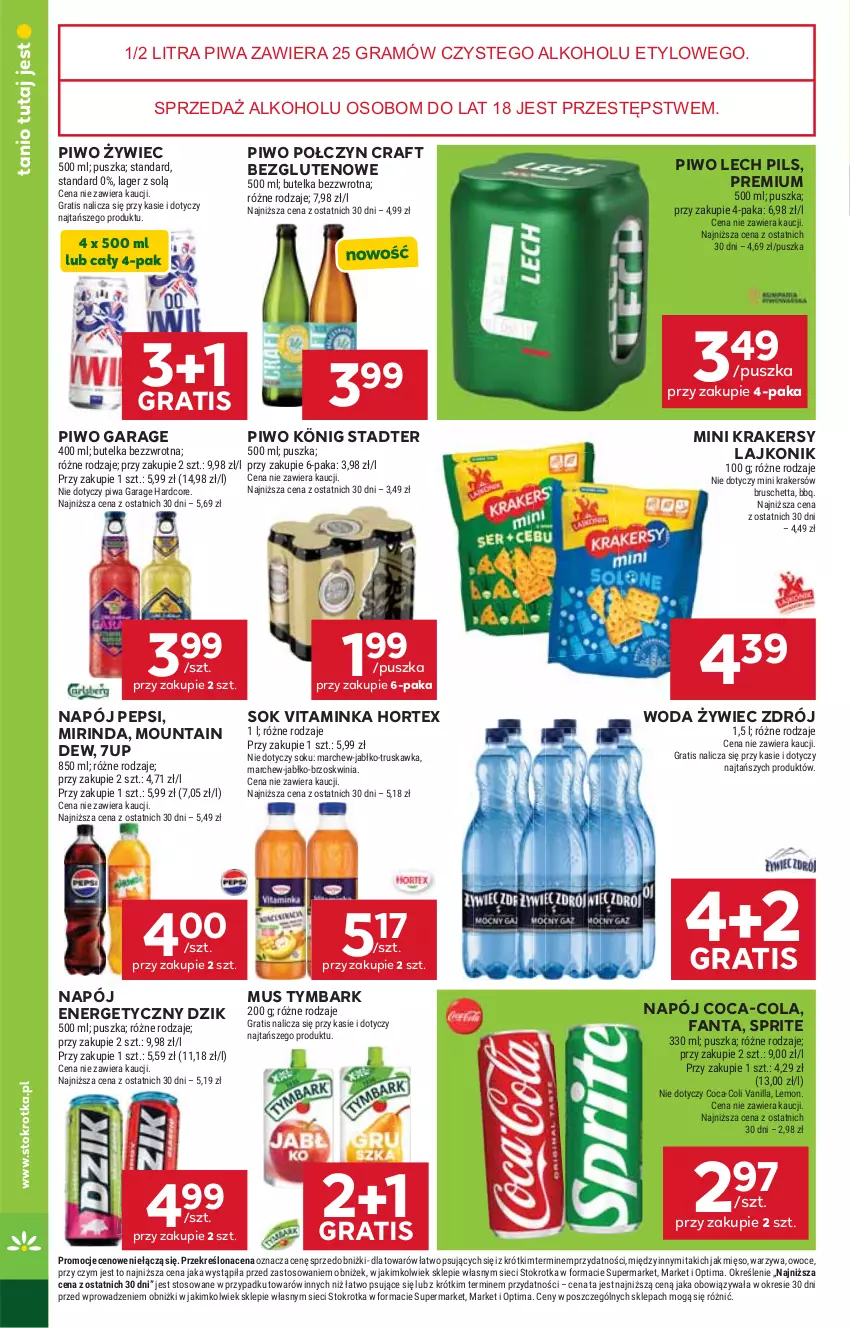 Gazetka promocyjna Stokrotka - Supermarket - ważna 16.04 do 22.04.2026 - strona 41 - produkty: 7up, Coca-Cola, Fa, Fanta, Gra, Hortex, Inka, König, Krakersy, Lajkonik, Mięso, Mirinda, Mus, Napój, Napój energetyczny, Optima, Owoce, Pepsi, Piwa, Piwo, Sok, Sprite, Tymbark, Warzywa, Woda