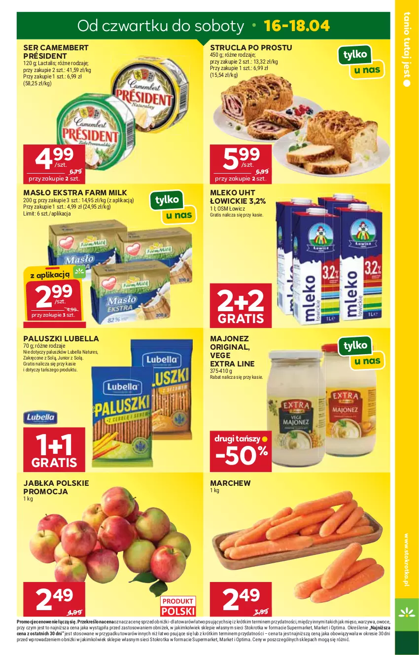 Gazetka promocyjna Stokrotka - Supermarket - ważna 16.04 do 22.04.2026 - strona 9 - produkty: Bell, Bella, Camembert, Fa, Farm Milk, Gin, Gra, Jabłka, Lubella, Majonez, Masło, Mięso, Mleko, Optima, Owoce, Président, Ser, Strucla, Warzywa