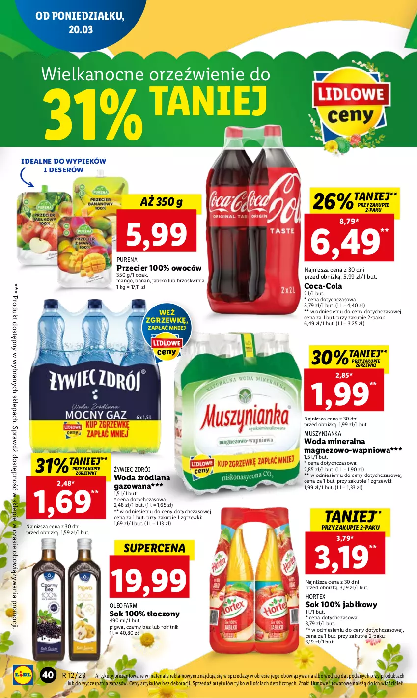 Gazetka promocyjna Lidl - GAZETKA - ważna 20.03 do 22.03.2023 - strona 44 - produkty: Coca-Cola, Deser, Fa, Hortex, LANA, Magnez, Mango, Mus, Muszynianka, Oleo, Oleofarm, Pur, Ser, Sok, Woda, Woda mineralna