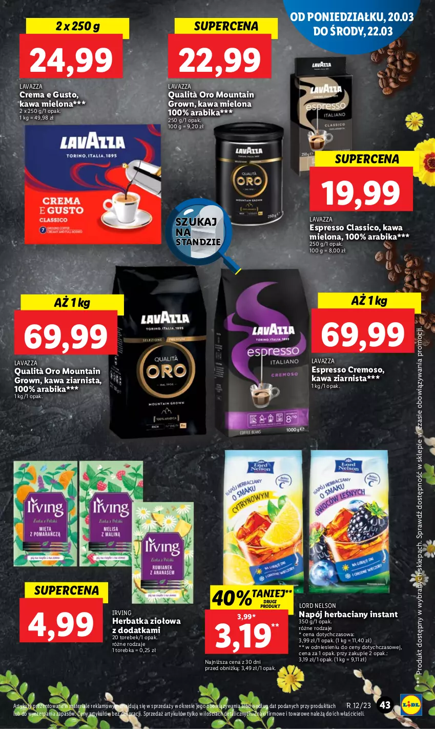 Gazetka promocyjna Lidl - GAZETKA - ważna 20.03 do 22.03.2023 - strona 49 - produkty: Irving, Kawa, Kawa mielona, Kawa ziarnista, Lavazza, Napój, Torebka