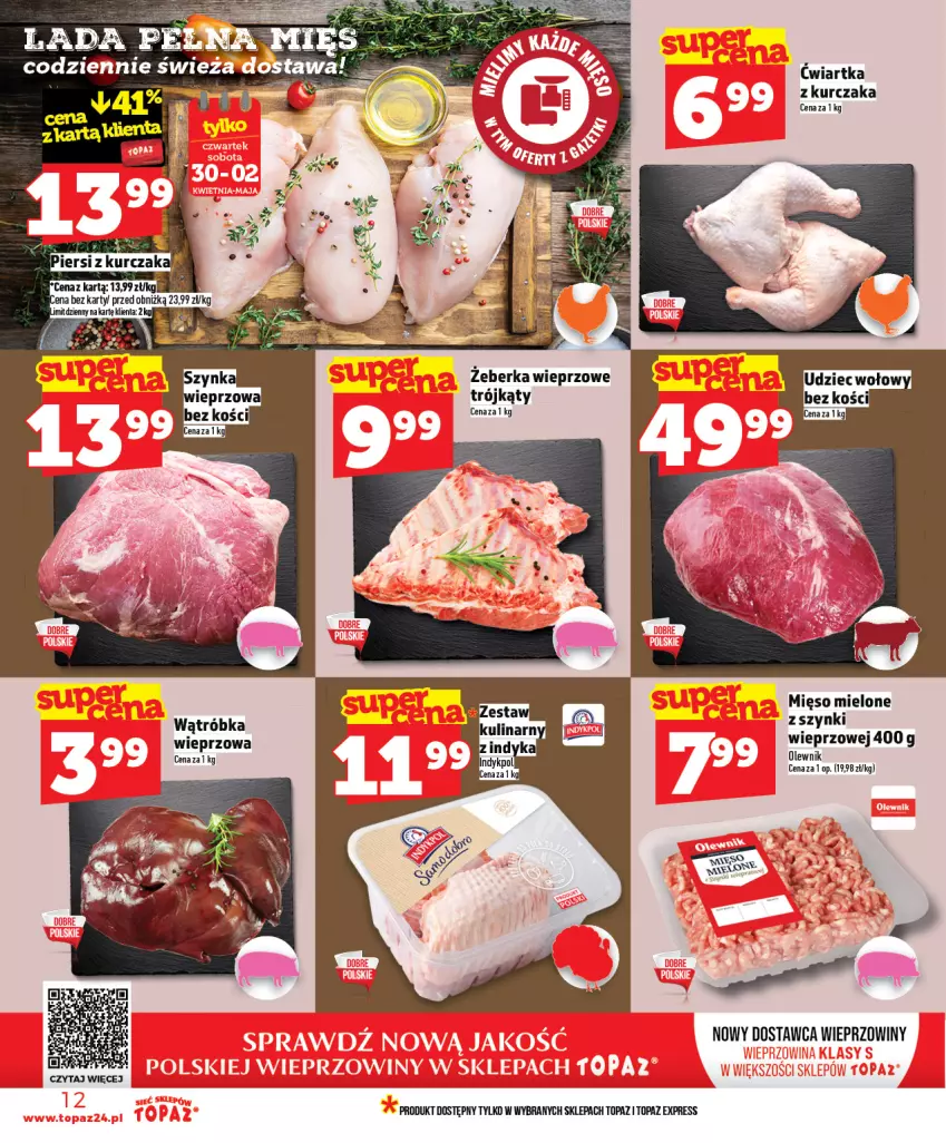 Gazetka promocyjna Topaz - Gazetka - ważna 30.04 do 06.05.2026 - strona 12 - produkty: Kurczak, Mięso, Mięso mielone, Olewnik, Top, Udziec wołowy