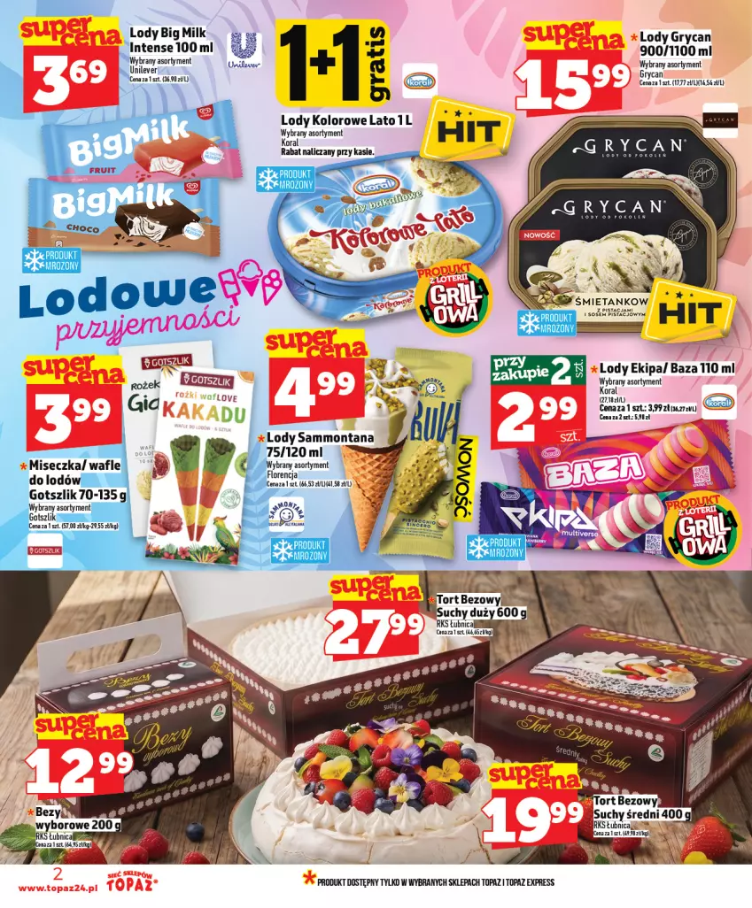 Gazetka promocyjna Topaz - Gazetka - ważna 30.04 do 06.05.2026 - strona 2 - produkty: Bezy, Big Milk, Gry, Lody, Miseczka, Top, Wafle