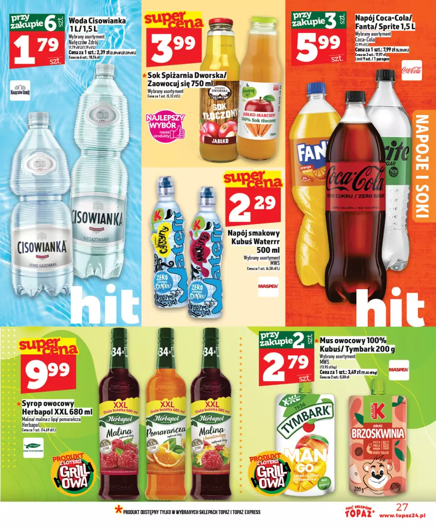 Gazetka promocyjna Topaz - Gazetka - ważna 30.04 do 06.05.2026 - strona 27 - produkty: Coca-Cola, Fa, Fanta, Herbapol, Kubuś, Kubuś Waterrr, Napój, Sok, Sprite, Syrop, Top