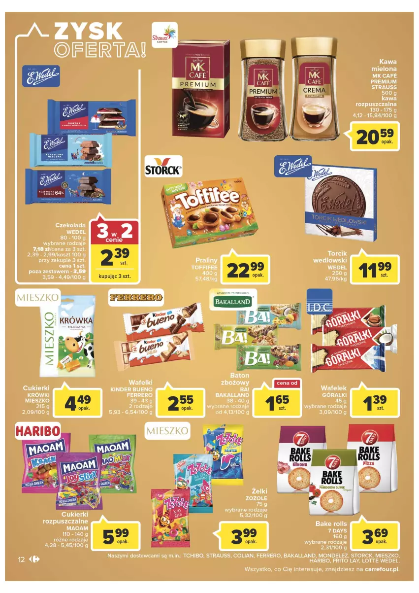 Gazetka promocyjna Carrefour - Gazetka Express - ważna 08.03 do 14.03.2022 - strona 12 - produkty: 7 Days, Bakalland, Bake Rolls, Cukier, Cukierki, Czekolada, Fa, Ferrero, Haribo, Kawa, Kawa rozpuszczalna, Kinder, Kinder Bueno, Kosz, Tchibo, Tiger, Toffifee, Wafelek