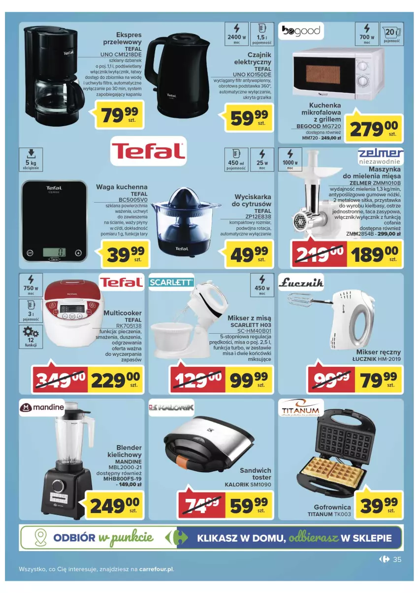 Gazetka promocyjna Carrefour - Gazetka Express - ważna 08.03 do 14.03.2022 - strona 35 - produkty: Blender, Czajnik, Czajnik elektryczny, Dzbanek, Ekspres przelewowy, Fa, Gofrownica, Grill, Grzałka, Kuchenka mikrofalowa, LANA, Maszynka, Maszynka do mielenia, Mikser, Mikser ręczny, Mikser z misą, Piec, Ser, Szynka, Taca, Tefal, Top, Toster, Waga, Zelmer