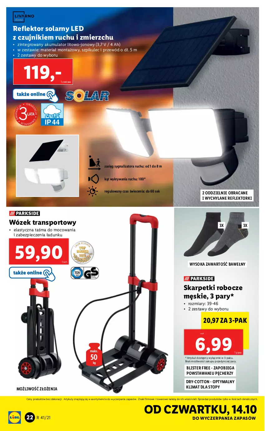 Gazetka promocyjna Lidl - GAZETKA - ważna 11.10 do 17.10.2021 - strona 22 - produkty: Akumulator, Karp, Piec, Por, Przewód, Reflektor, Skarpetki, Sok, Sport, Top, Tran, Wózek, Wózek transportowy