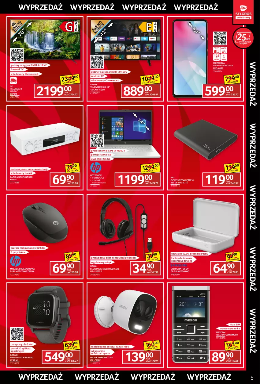 Gazetka promocyjna Selgros - Katalog Wyprzedaż - ważna 22.09 do 05.10.2022 - strona 5 - produkty: Android TV, Budzik, Fa, Hama, Intel, Kamera, Motorola, Mysz, Mysz bezprzewodowa, Notebook, Obraz, Por, Procesor, Reflektor, Słuchawki, Smartfon, Smartwatch, Sport, Sterylizator, Telefon, Telewizor, Venus