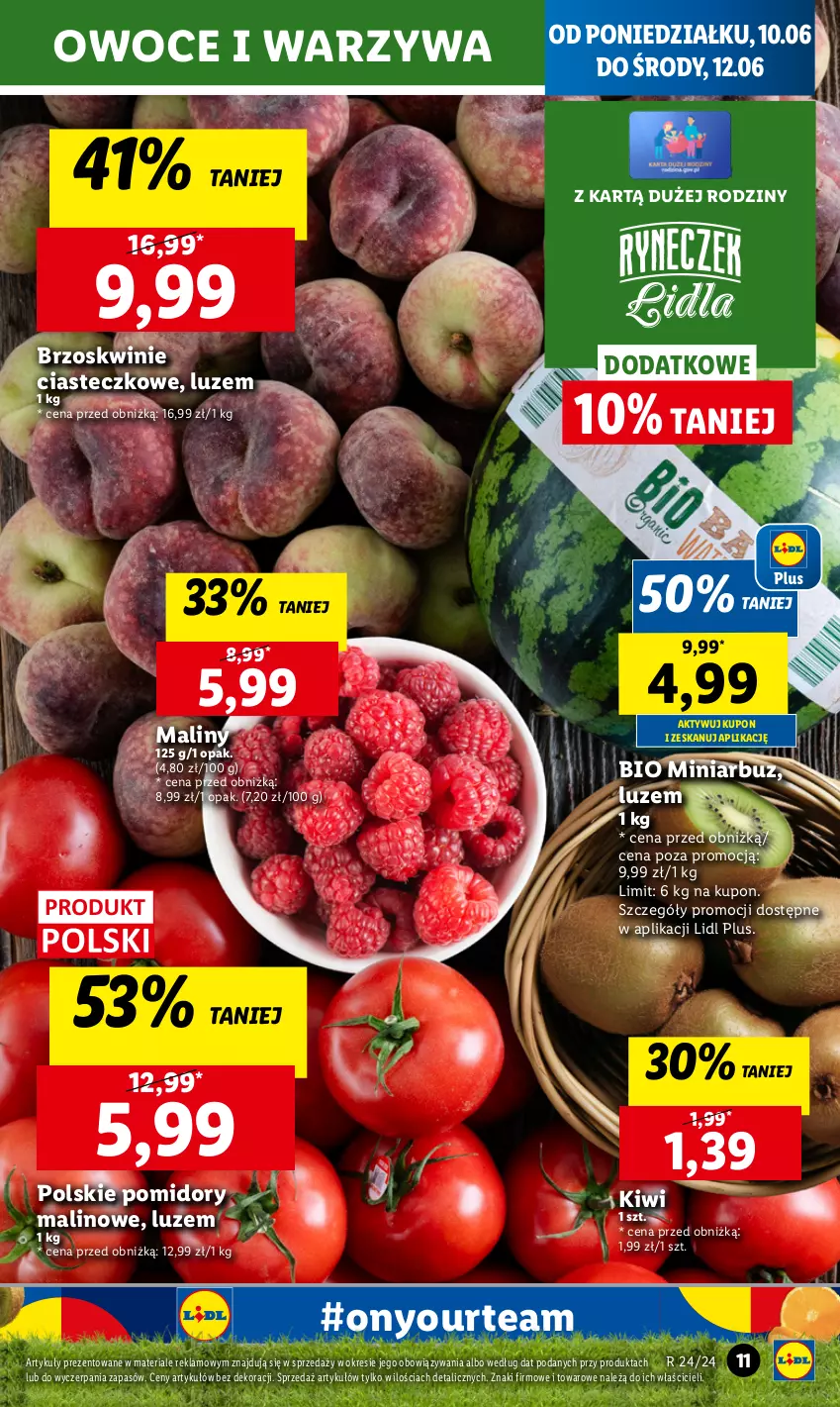 Gazetka promocyjna Lidl - GAZETKA - ważna 10.06 do 12.06.2024 - strona 15 - produkty: Arbuz, Brzoskwinie, Chleb, Kiwi, Maliny, Owoce, Pomidory, Ser, Warzywa