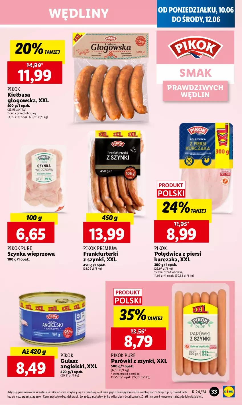 Gazetka promocyjna Lidl - GAZETKA - ważna 10.06 do 12.06.2024 - strona 37 - produkty: Frankfurterki, Kiełbasa, Kiełbasa głogowska, Kurczak, Parówki, Parówki z szynki, PIKOK, Polędwica, Pur, Szynka, Szynka wieprzowa