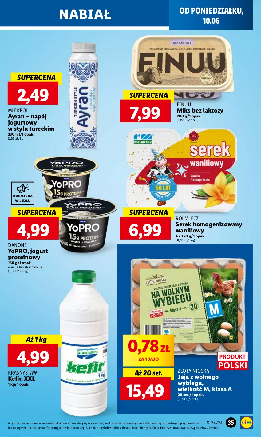 Gazetka promocyjna Lidl - GAZETKA - ważna 10.06 do 12.06.2024 - strona 39 - produkty: Danone, Finuu, Jaja, Jaja z wolnego wybiegu, Jogurt, Kefir, Napój, Napój jogurtowy, Rolmlecz, Ser, Serek, Serek homogenizowany