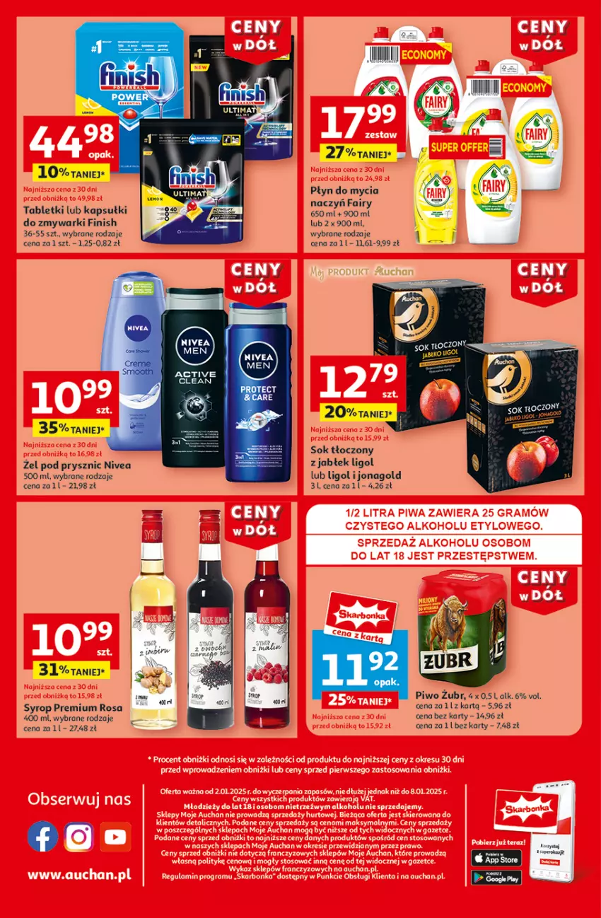 Gazetka promocyjna Auchan - Gazetka CENY W DÓŁ Hipermarket Auchan - ważna 02.01 do 08.01.2025 - strona 10 - produkty: Do mycia naczyń, Fa, Fairy, Finish, Jonagold, Ligol, Nivea, Piwo, Płyn do mycia, Płyn do mycia naczyń, Sok, Syrop, Tablet, Zmywarki