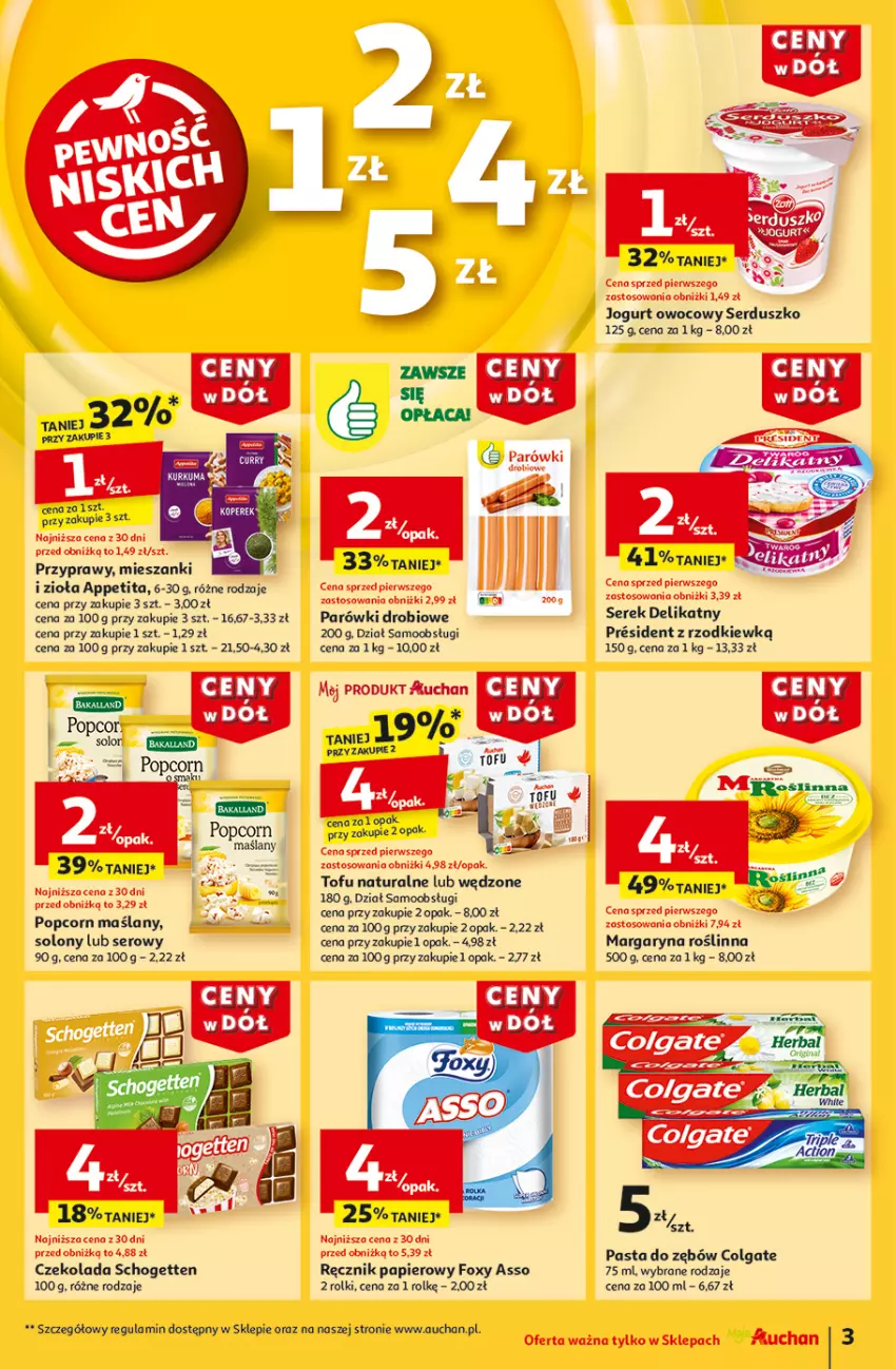 Gazetka promocyjna Auchan - Gazetka CENY W DÓŁ Hipermarket Auchan - ważna 02.01 do 08.01.2025 - strona 3 - produkty: Colgate, Czekolada, Foxy, Jogurt, Jogurt owocowy, LG, Margaryna, Papier, Parówki, Pasta do zębów, Popcorn, Przyprawy, Ręcznik, Rolki, Schogetten, Ser, Serek, Tofu