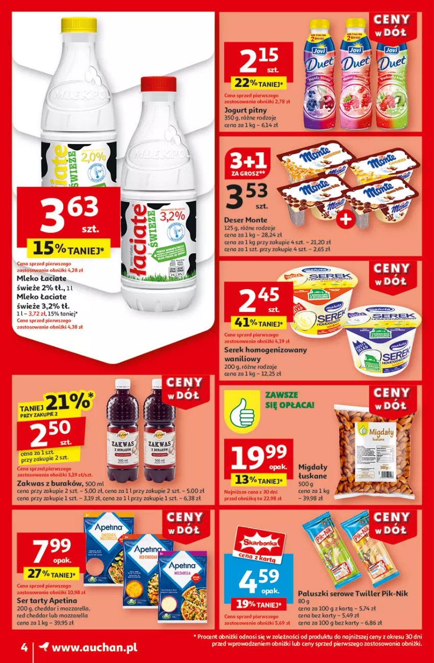 Gazetka promocyjna Auchan - Gazetka CENY W DÓŁ Hipermarket Auchan - ważna 02.01 do 08.01.2025 - strona 6 - produkty: Cheddar, Deser, Fa, Jogurt, Jogurt pitny, Migdały, Mleko, Monte, Mozzarella, Ser, Serek, Serek homogenizowany