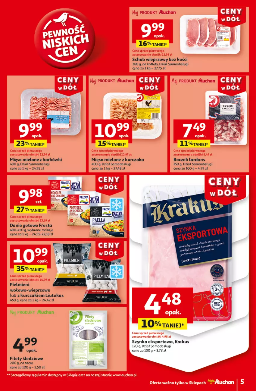 Gazetka promocyjna Auchan - Gazetka CENY W DÓŁ Hipermarket Auchan - ważna 02.01 do 08.01.2025 - strona 7 - produkty: Boczek, Danie gotowe, Frosta, Kotlet, Krakus, Kurczak, Por, Schab wieprzowy, Sport, Szynka