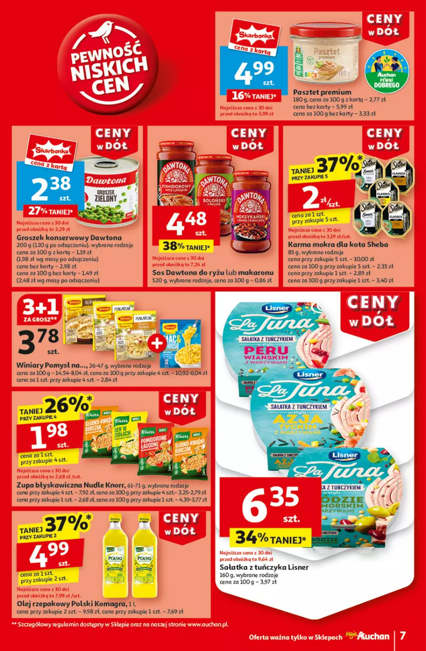 Gazetka promocyjna Auchan - Gazetka CENY W DÓŁ Hipermarket Auchan - ważna 02.01 do 08.01.2025 - strona 9 - produkty: Dawtona, Gra, Groszek, HP, Knorr, Lisner, Makaron, Olej, Olej rzepakowy, Pasztet, Ryż, Sałat, Sałatka, Ser, Sheba, Sos, Stek, Tuńczyk, Winiary, Zupa