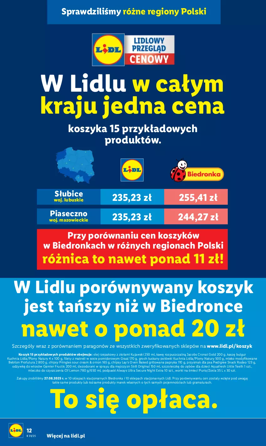 Gazetka promocyjna Lidl - GAZETKA - ważna 25.09 do 27.09.2025 - strona 14 - produkty: Always, Always Ultra, Aquafresh, BEBILON, BIC, Bulgur, Chipsy, Cif, Dezodorant, Dron, Dzieci, Fructis, Garnier, Gin, Gra, Graal, Grill, Groch, Jacobs, Kosz, Kuchnia, Kujawski, Lay’s, LG, Mleczko, Mleko, Mleko modyfikowane, Olej, Olej rzepakowy, Papryka, Pedigree, Podpaski, Por, Pringles, Przysmak dla psa, Pur, Rama, Sos, Str8, Worki na śmiec, Worki na śmieci