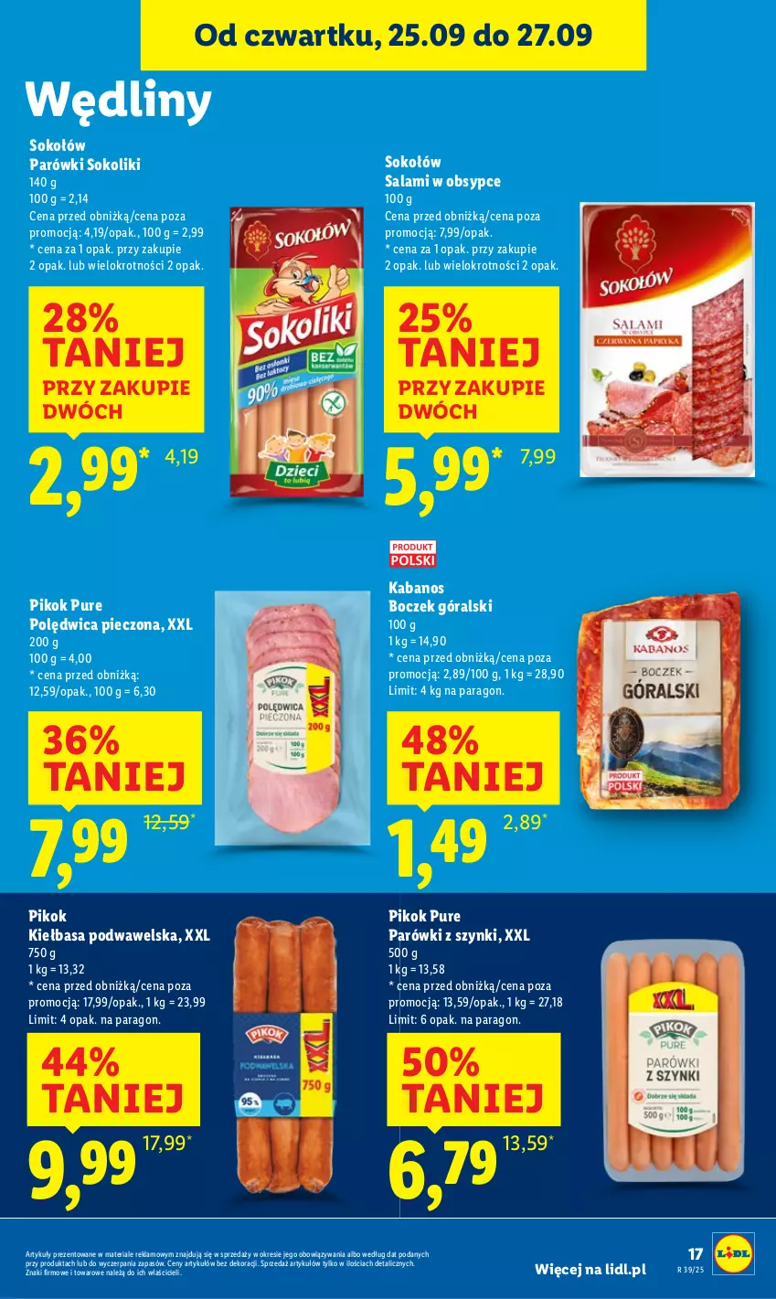 Gazetka promocyjna Lidl - GAZETKA - ważna 25.09 do 27.09.2025 - strona 19 - produkty: Boczek, Kabanos, Kiełbasa, Kiełbasa podwawelska, Parówki, Parówki sokoliki, Parówki z szynki, Piec, PIKOK, Polędwica, Pur, Salami, Sok, Sokołów, Wawel