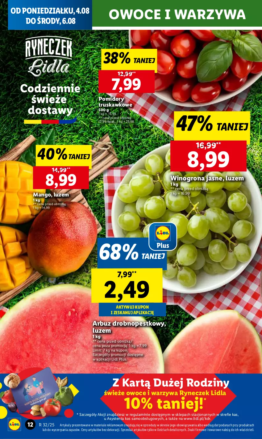 Gazetka promocyjna Lidl - GAZETKA - ważna 04.08 do 06.08.2025 - strona 12 - produkty: Arbuz, Mango, Owoce, Pomidory, Warzywa, Wino, Winogrona