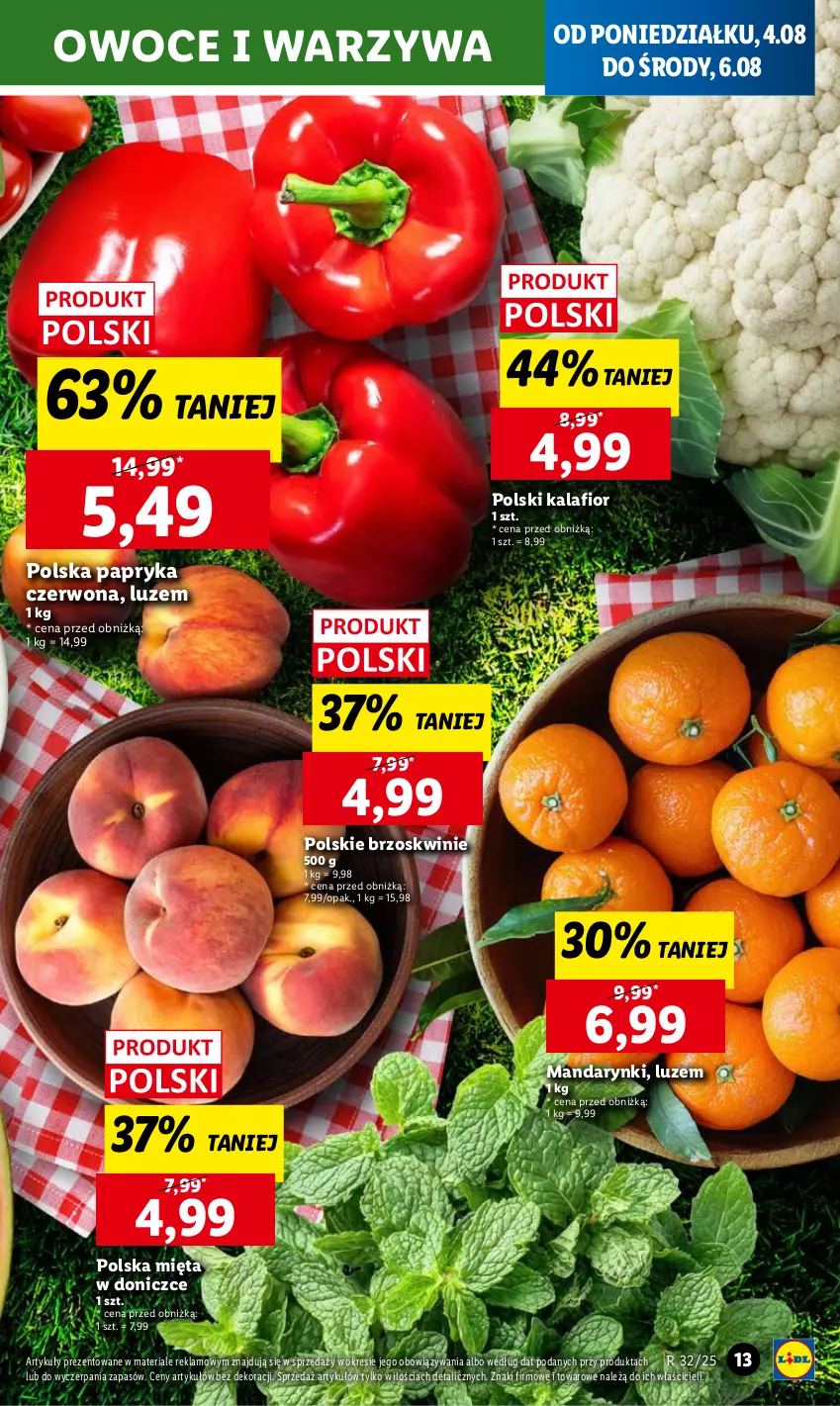 Gazetka promocyjna Lidl - GAZETKA - ważna 04.08 do 06.08.2025 - strona 13 - produkty: Brzoskwinie, Kalafior, Mandarynki, Mięta, Owoce, Papryka, Papryka czerwona, Warzywa