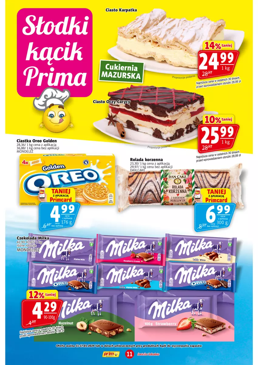 Gazetka promocyjna Prim Market - ważna 11.01 do 17.01.2024 - strona 11 - produkty: Ciastka, Czekolada, Dan Cake, Karp, Milka, Oreo, Rolada