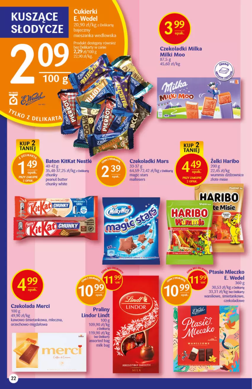 Gazetka promocyjna Delikatesy Centrum - Gazetka DC47 n. fresh - ważna 25.11 do 01.12.2021 - strona 22 - produkty: Baton, Czekolada, E. Wedel, Haribo, Lindor, Lindt, Mars, Merci, Milka, Mleczko, Praliny, Ptasie mleczko, Ser