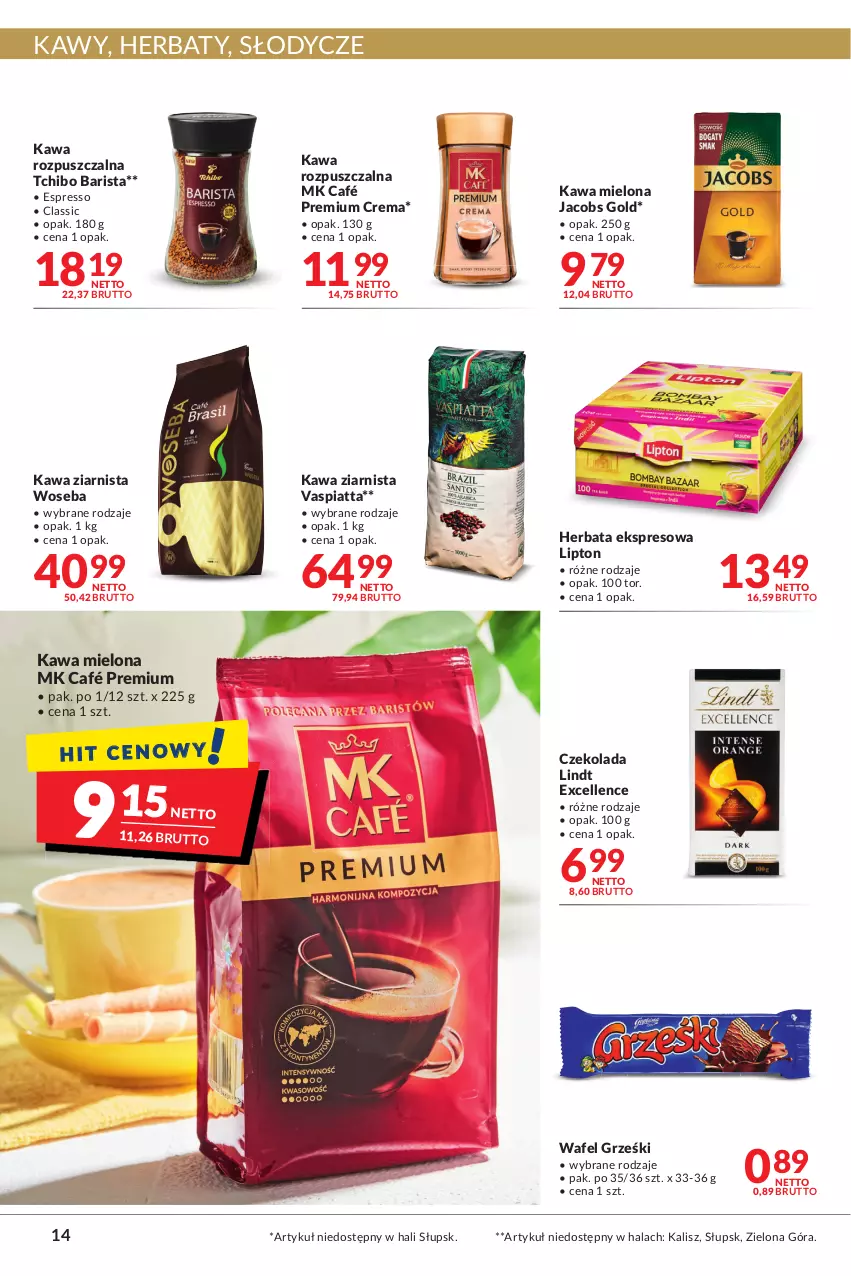 Gazetka promocyjna Makro - [Oferta promocyjna] Artykuły spożywcze i przemysłowe - ważna 26.07 do 08.08.2022 - strona 14 - produkty: Czekolada, Grześki, Herbata, Jacobs, Kawa, Kawa mielona, Kawa rozpuszczalna, Kawa ziarnista, Lindt, Lipton, Tchibo, Tchibo Barista, Woseba