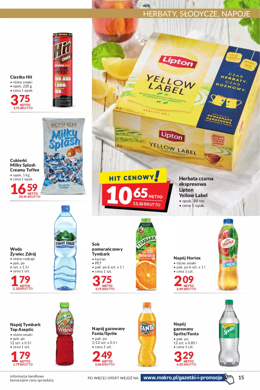 Gazetka promocyjna Makro - [Oferta promocyjna] Artykuły spożywcze i przemysłowe - ważna 26.07 do 08.08.2022 - strona 15 - produkty: Ciastka, Cukier, Cukierki, Fa, Fanta, Herbata, Herbata czarna, Hortex, Lipton, Napój, Napój gazowany, Napoje, Sok, Sok pomarańczowy, Sprite, Top, Tymbark, Woda