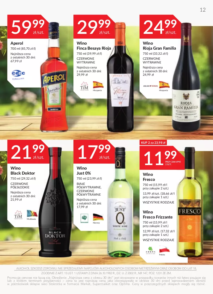 Gazetka promocyjna Stokrotka - Oferta alkoholowa - ważna 29.02 do 26.03.2024 - strona 12 - produkty: Aperol, Fa, Fresco, Gra, Lack, Optima, Rioja, Wino