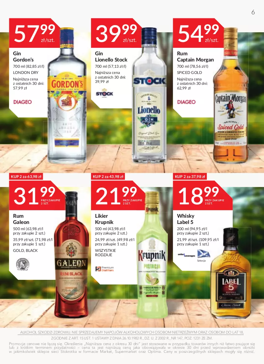 Gazetka promocyjna Stokrotka - Oferta alkoholowa - ważna 29.02 do 26.03.2024 - strona 6 - produkty: Captain Morgan, Gin, Koc, Krupnik, Lack, Leon, Likier, Lion, Optima, Rum, Stock, Whisky