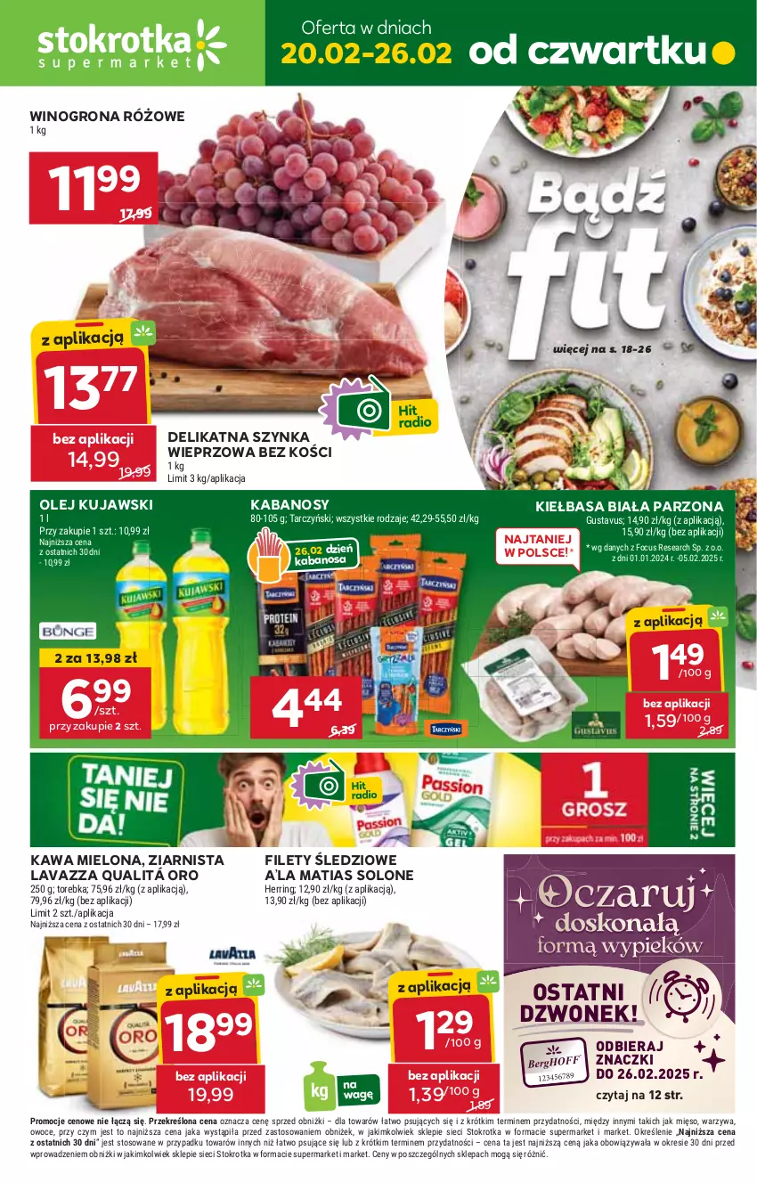 Gazetka promocyjna Stokrotka - Supermarket - ważna 20.02 do 26.02.2025 - strona 1 - produkty: Dzwonek, HP, Kabanos, Kawa, Kawa mielona, Kiełbasa, Kiełbasa biała, Kujawski, Lavazza, Olej, Szynka, Szynka wieprzowa, Wino, Winogrona