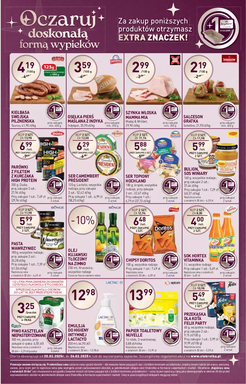 Gazetka promocyjna Stokrotka - Supermarket - ważna 20.02 do 26.02.2025 - strona 13 - produkty: Bulion, Camembert, Chipsy, Duda, Emulsja, Felix, Gra, Hochland, Hortex, HP, Inka, Kasztelan, Kiełbasa, Kujawski, Kurczak, Lactacyd, LANA, Lion, Olej, Papier, Papier toaletowy, Parówki, Piwa, Piwo, Président, Salceson, Ser, Ser topiony, Sok, Sokołów, Sos, Szynka, Top, Winiary