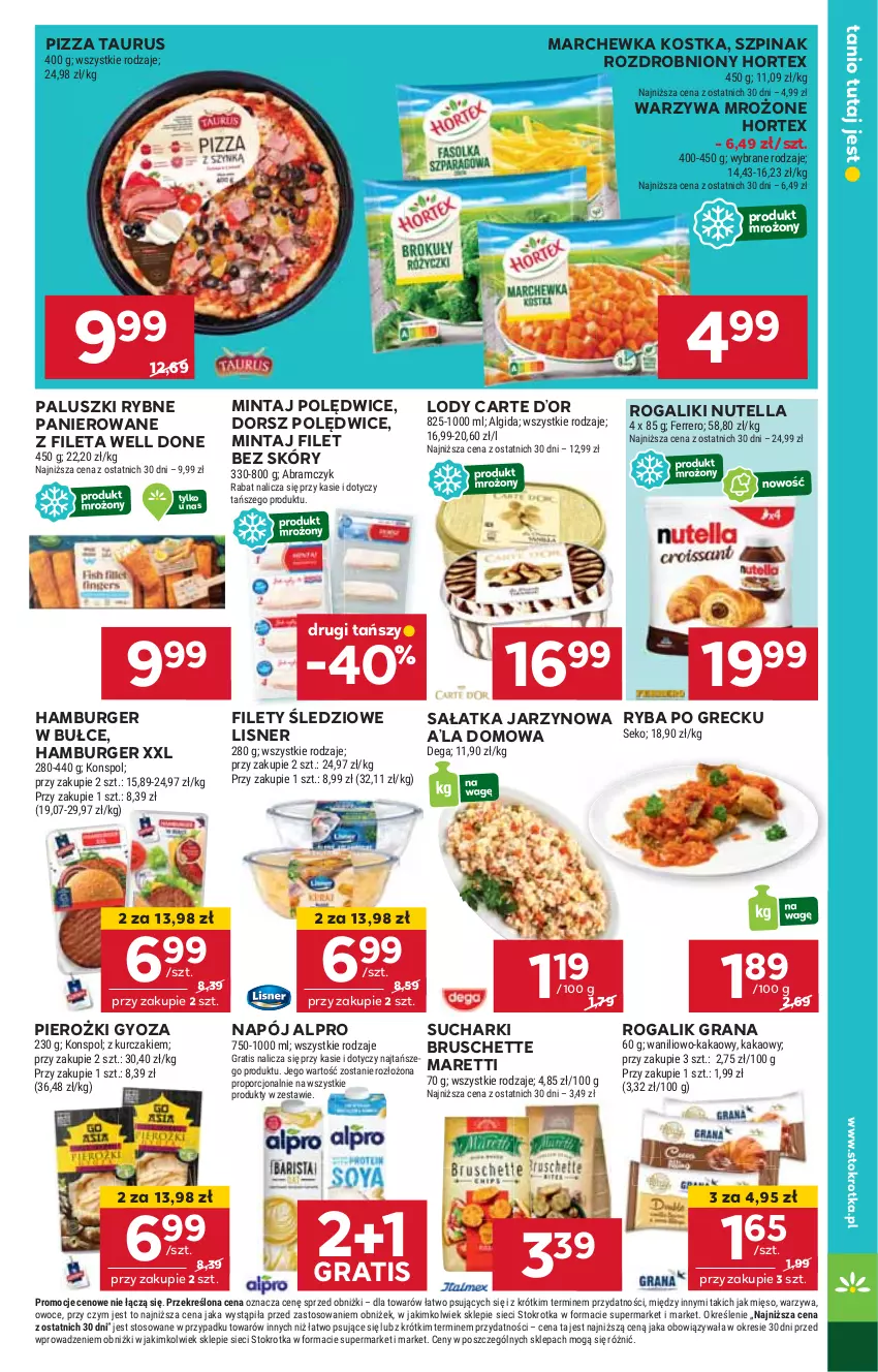 Gazetka promocyjna Stokrotka - Supermarket - ważna 20.02 do 26.02.2025 - strona 29 - produkty: Alpro, Bruschette, Burger, Dorsz, Gra, Hamburger, Hortex, HP, Lisner, Lody, Marchewka, Mintaj, Napój, Nutella, Paluszki rybne, Pizza, Rogal, Ryba, Ryba po grecku, Sałat, Sałatka, Szpinak, Warzywa