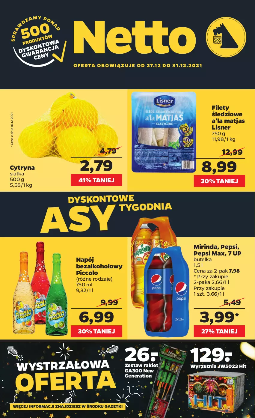 Gazetka promocyjna Netto - Gazetka spożywcza - ważna 27.12 do 31.12.2021 - strona 1 - produkty: Lisner, Matjas, Mirinda, Napój, Napój bezalkoholowy, Pepsi, Pepsi max, Siatka, Wyrzutnia