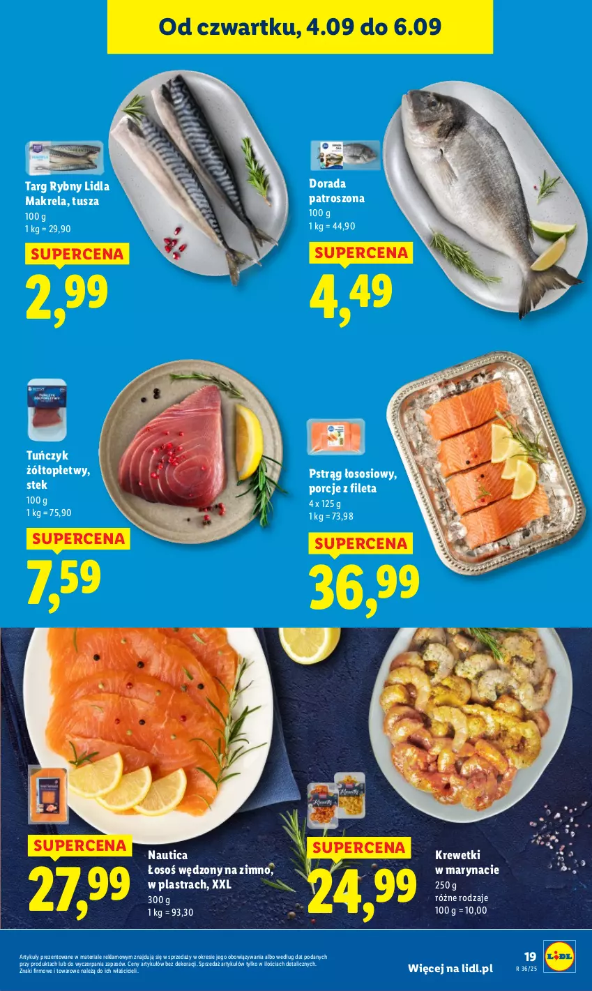 Gazetka promocyjna Lidl - GAZETKA - ważna 04.09 do 06.09.2025 - strona 23 - produkty: Krewetki, Por, Pstrąg, Pstrąg łososiowy, Sos, Stek, Top, Tuńczyk, Tusz