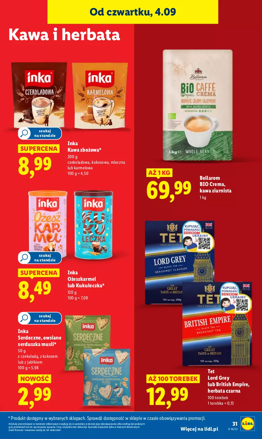 Gazetka promocyjna Lidl - GAZETKA - ważna 04.09 do 06.09.2025 - strona 35 - produkty: Bell, Bella, Brit, Herbata, Herbata czarna, Inka, Kawa, Kawa zbożowa, Kawa ziarnista, Kokos, Mus, Ser, Torebka