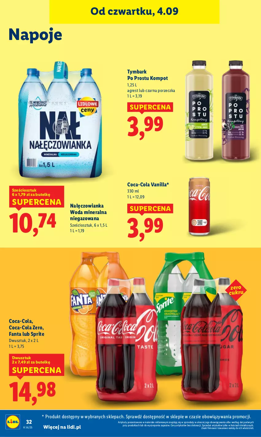 Gazetka promocyjna Lidl - GAZETKA - ważna 04.09 do 06.09.2025 - strona 36 - produkty: Coca-Cola, Fa, Fanta, Gres, Nałęczowianka, Napoje, Por, Sprite, Tymbark, Woda, Woda mineralna