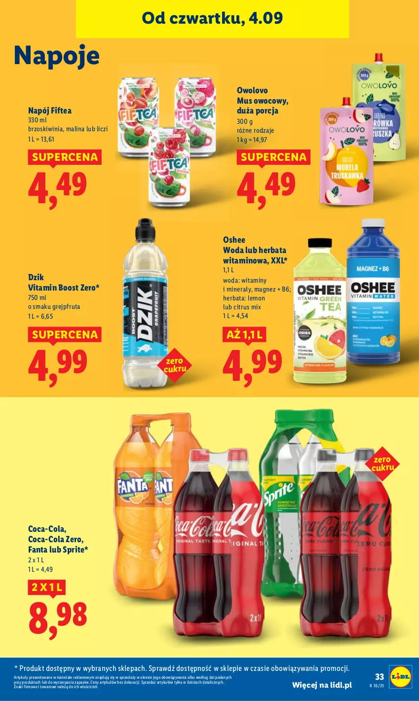 Gazetka promocyjna Lidl - GAZETKA - ważna 04.09 do 06.09.2025 - strona 37 - produkty: Coca-Cola, Fa, Fanta, Grejpfrut, Herbata, Kiwi, Liczi, Magnez, Mus, Napój, Napoje, Oshee, Por, Sprite, Woda