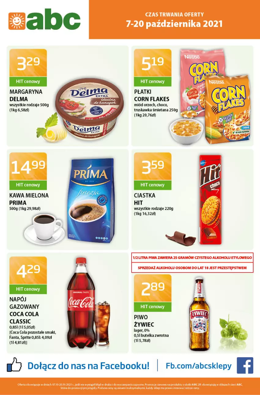 Gazetka promocyjna ABC - Gazetka - ważna 08.10 do 21.10.2021 - strona 1 - produkty: Ciastka, Corn flakes, Delma, Fa, Fanta, Kawa, Kawa mielona, Margaryna, Miód, Napój, Napój gazowany, O nas, Piwo, Prima, Sprite