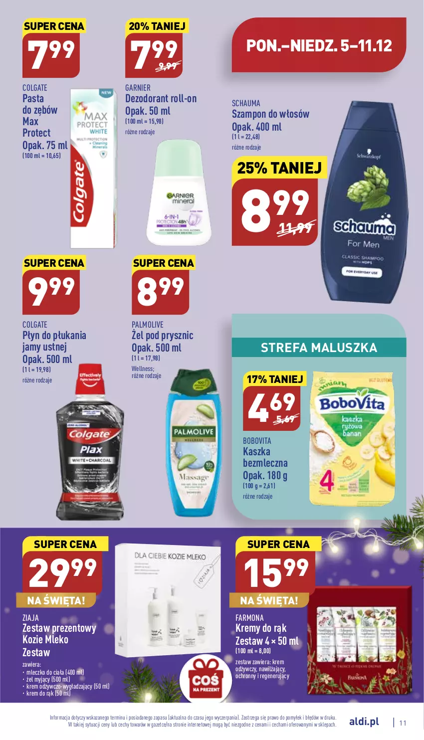 Gazetka promocyjna Aldi - Pełny katalog - ważna 05.12 do 11.12.2022 - strona 11 - produkty: BoboVita, Colgate, Dezodorant, Fa, Garnier, Krem do rąk, Krem odżywczy, LG, Mleczko, Mleczko do ciała, Mleko, Palmolive, Pasta do zębów, Płyn do płukania, Płyn do płukania jamy ustnej, Schauma, Szampon, Zestaw prezentowy, Ziaja