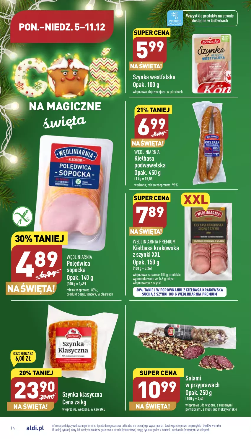 Gazetka promocyjna Aldi - Pełny katalog - ważna 05.12 do 11.12.2022 - strona 14 - produkty: Fa, Kawa, Kiełbasa, Kiełbasa krakowska, Kiełbasa podwawelska, Lodówka, Mięso, Mięso wieprzowe, Mus, Polędwica, Por, Salami, Szynka, Wawel