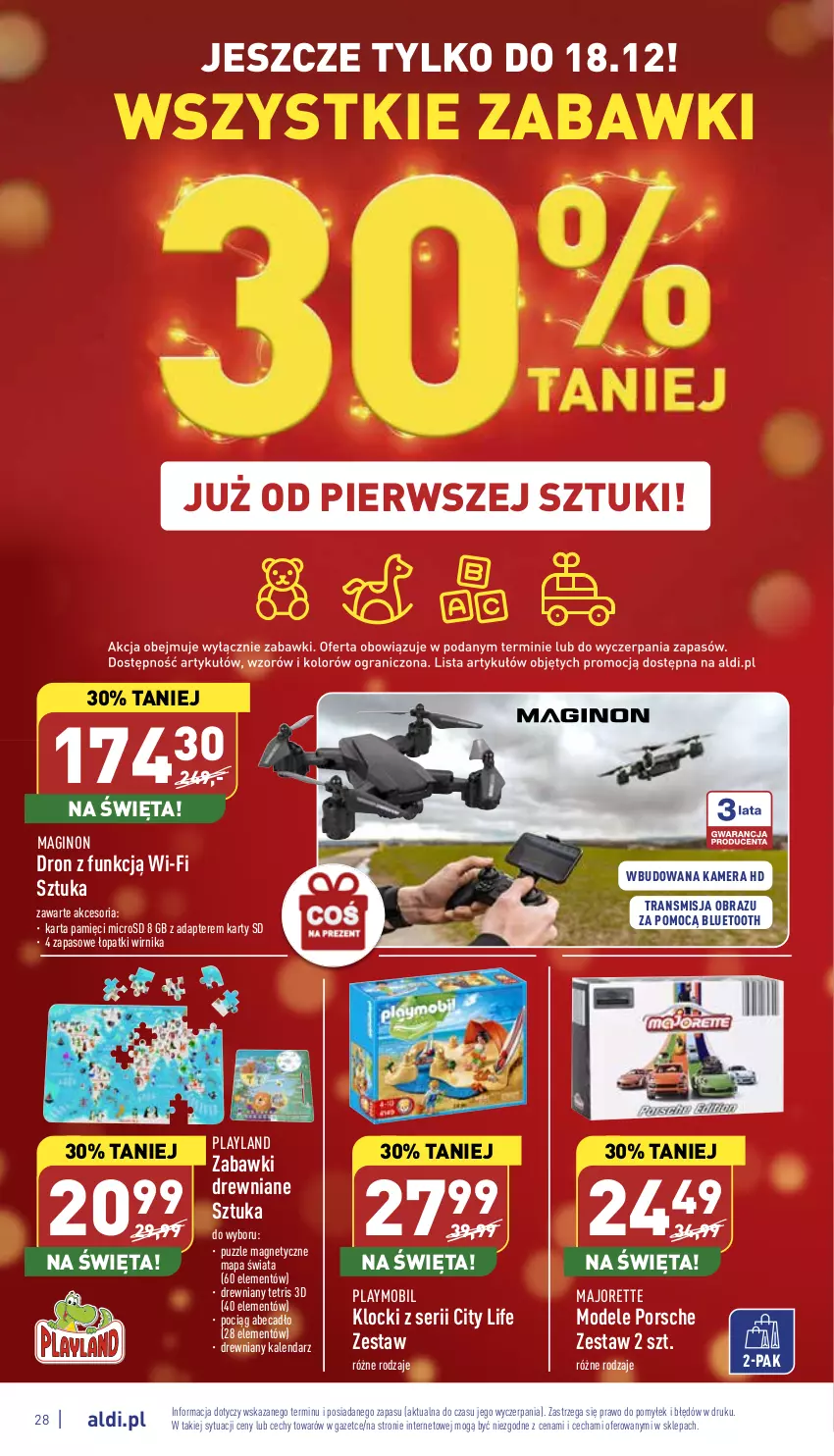 Gazetka promocyjna Aldi - Pełny katalog - ważna 05.12 do 11.12.2022 - strona 28 - produkty: Dron, Gin, Kalendarz, Kamera, Karta pamięci, Klocki, Mobil, Obraz, Playmobil, Pociąg, Por, Puzzle, Ser, Tran, Zabawki drewniane