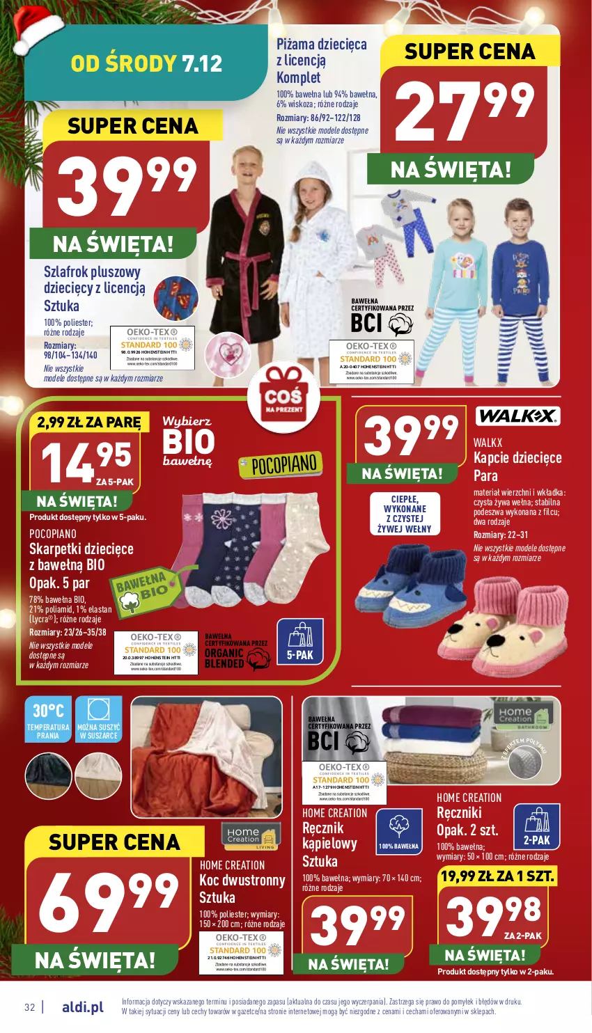 Gazetka promocyjna Aldi - Pełny katalog - ważna 05.12 do 11.12.2022 - strona 32 - produkty: Dzieci, Kapcie, Karp, Koc, Piżama, Pocopiano, Ręcznik, Ręcznik kąpielowy, Skarpetki, Szlafrok, Wełna